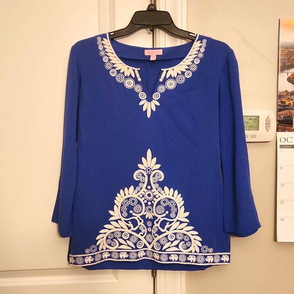 Lilly Pulitzer "Charlotte" Iris Blue Tunic Top w/ White Detailing Size XS